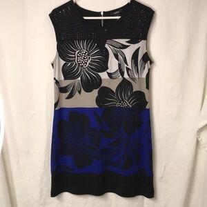 ALFANI Women’s Sleeveless Dress Size M Black White Blue Color Block Bold Floral